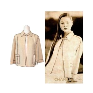 Chanel Spring 1999 Jacket CC Logo Button Contrast Stitch Boxy Fit Neutral FR 38